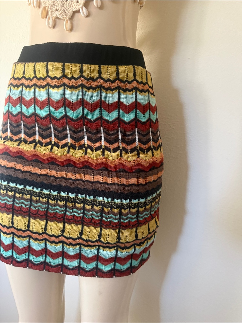 Chevron Knit Mini Skirt in Yellow, Red & Teal S